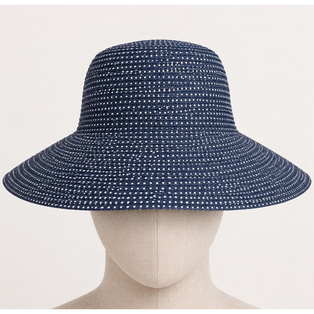 Wallaroo Hat Company Scrunchie Sun Hat Navy Blue White Polka Dot Wide Brim
